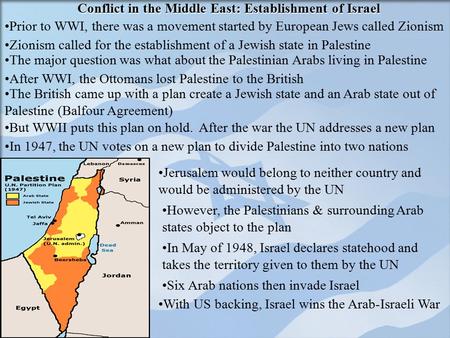 Conflict in the Middle East: Establishment of Israel Prior to WWI, there was a movement started by European Jews called Zionism Zionism called for the.