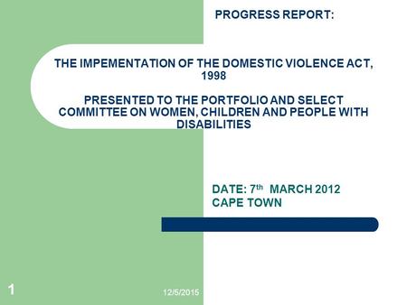 PROGRESS REPORT: THE IMPEMENTATION OF THE DOMESTIC VIOLENCE ACT, 1998 PRESENTED TO THE PORTFOLIO AND SELECT COMMITTEE ON WOMEN, CHILDREN AND PEOPLE WITH.