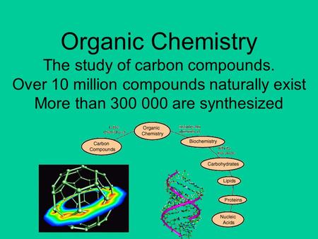 21/10/99 Organic Chemistry The study of carbon compounds. Over 10 million compounds naturally exist More than 300 000 are synthesized.