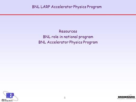 1 BNL LARP Accelerator Physics Program Resources BNL role in national program BNL Accelerator Physics Program.