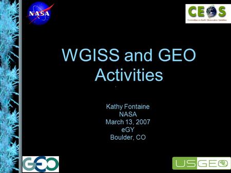 WGISS and GEO Activities Kathy Fontaine NASA March 13, 2007 eGY Boulder, CO.