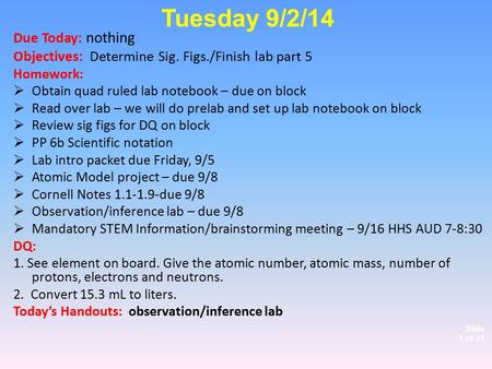 Slide 1 of 21 Due Today: nothing Objectives: Determine Sig. Figs./Finish lab part 5 Homework:  Obtain quad ruled lab notebook – due on block  Read over.
