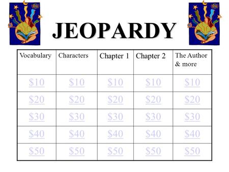 JEOPARDY VocabularyCharacters Chapter 1Chapter 2 The Author & more $10 $20 $30 $40 $50.