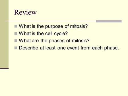 Review What is the purpose of mitosis? What is the cell cycle? What are the phases of mitosis? Describe at least one event from each phase.