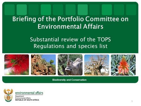 Briefing of the Portfolio Committee on Environmental Affairs Substantial review of the TOPS Regulations and species list Biodiversity and Conservation.