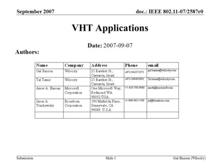 Doc.: IEEE 802.11-07/2587r0 Submission September 2007 Gal Basson (Wilocity)Slide 1 VHT Applications Date: 2007-09-07 Authors: