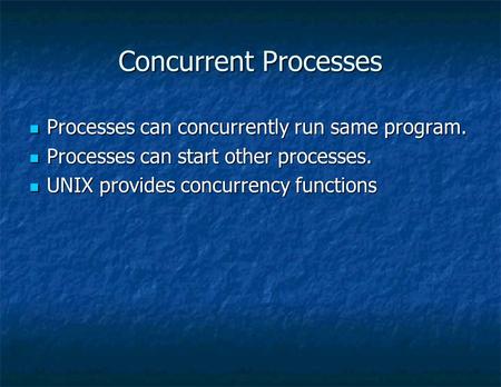 Concurrent Processes Processes can concurrently run same program. Processes can concurrently run same program. Processes can start other processes. Processes.