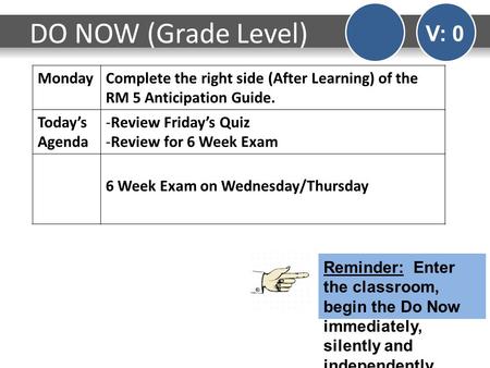 MondayComplete the right side (After Learning) of the RM 5 Anticipation Guide. Today’s Agenda -Review Friday’s Quiz -Review for 6 Week Exam 6 Week Exam.