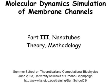 Molecular Dynamics Simulation of Membrane Channels Part III. Nanotubes Theory, Methodology Summer School on Theoretical and Computational Biophysics June.