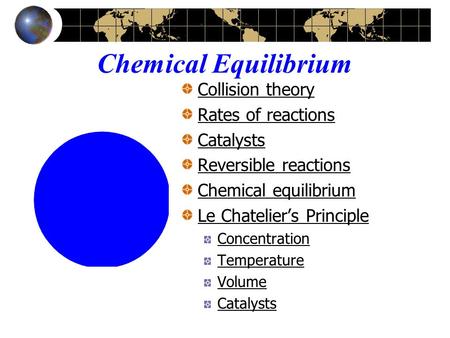 Chemical Equilibrium Collision theory Rates of reactions Catalysts