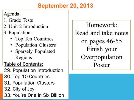 September 20, 2013 Agenda: 1.Grade Tests 2.Unit 2 Introduction 3.Population- Top Ten Countries Population Clusters Sparsely Populated Regions Table of.