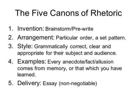 The Five Canons of Rhetoric 1.Invention: Brainstorm/Pre-write 2.Arrangement: Particular order, a set pattern. 3.Style: Grammatically correct, clear and.