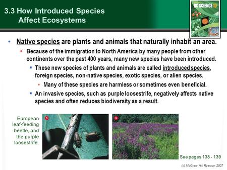 (c) McGraw Hill Ryerson 2007 3.3 How Introduced Species Affect Ecosystems Native species are plants and animals that naturally inhabit an area.  Because.