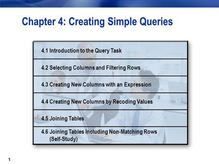 1 Chapter 4: Creating Simple Queries 4.1 Introduction to the Query Task 4.2 Selecting Columns and Filtering Rows 4.3 Creating New Columns with an Expression.