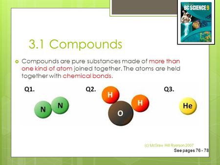 3.1 Compounds  Compounds are pure substances made of more than one kind of atom joined together. The atoms are held together with chemical bonds. (c)