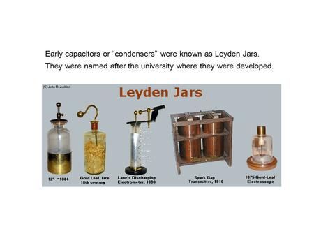 Early capacitors or “condensers” were known as Leyden Jars.