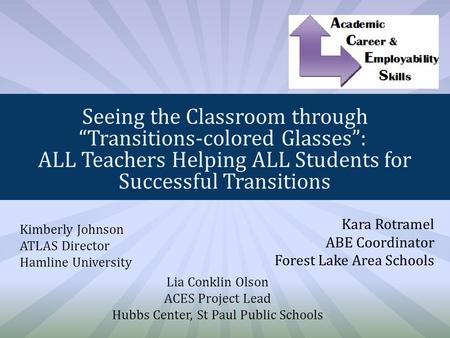 Seeing the Classroom through “Transitions-colored Glasses”: ALL Teachers Helping ALL Students for Successful Transitions Kimberly Johnson ATLAS Director.