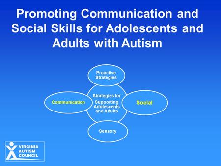 Promoting Communication and Social Skills for Adolescents and Adults with Autism Strategies for Supporting Adolescents and Adults Proactive Strategies.