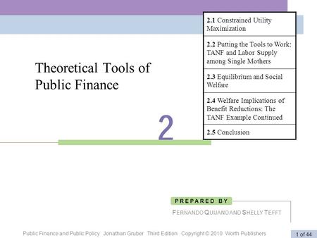 Public Finance and Public Policy Jonathan Gruber Third Edition Copyright © 2010 Worth Publishers 1 of 44 Theoretical Tools of Public Finance F ERNANDO.