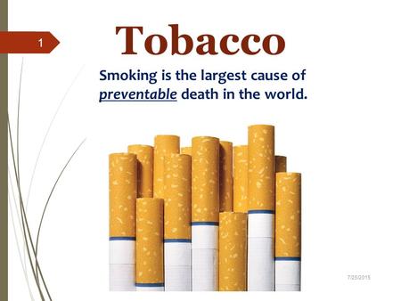Tobacco Smoking is the largest cause of preventable death in the world. 7/25/2015 1.