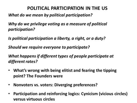 POLITICAL PARTICIPATION IN THE US What do we mean by political participation? Why do we privilege voting as a measure of political participation? Is political.