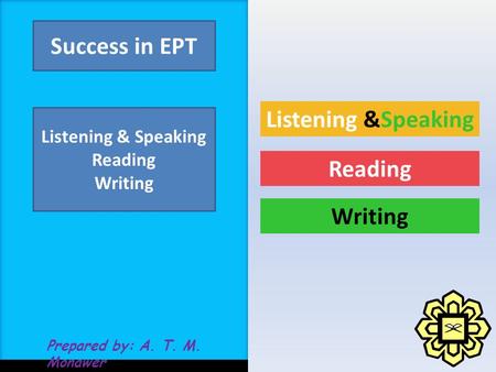 Prepared by: A. T. M. Monawer Success in EPT Listening & Speaking Reading Writing Listening &Speaking Reading Writing.