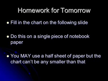 Homework for Tomorrow Fill in the chart on the following slide Fill in the chart on the following slide Do this on a single piece of notebook paper Do.