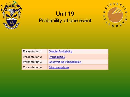 Unit 19 Probability of one event Presentation 1Simple Probability Presentation 2Probabilities Presentation 3Determining Probabilities Presentation 4Misconceptions.