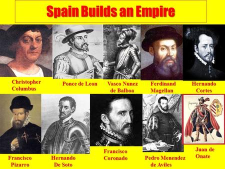 Spain Builds an Empire ChristopherColumbus Ponce de Leon Vasco Nunez de Balboa de BalboaFerdinandMagellanHernando Cortes Cortes Francisco Pizarro PizarroHernando.