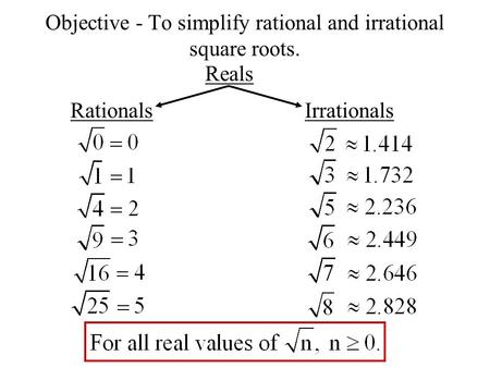 Objective - To simplify rational and irrational square roots. Reals RationalsIrrationals.