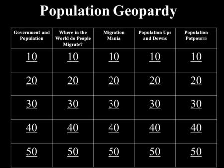 Population Geopardy Government and Population Where in the World do People Migrate? Migration Mania Population Ups and Downs Population Potpourri 10 20.