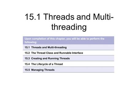 15.1 Threads and Multi- threading. 15.1.1 Understanding threads and multi-threading In general, modern computers perform one task at a time It is often.
