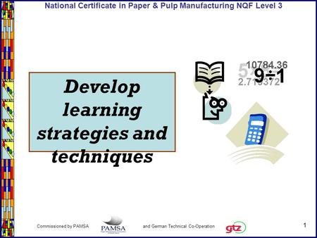 1 Commissioned by PAMSA and German Technical Co-Operation National Certificate in Paper & Pulp Manufacturing NQF Level 3 Develop learning strategies and.