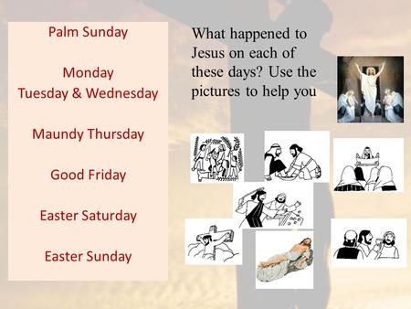 Palm Sunday Monday Tuesday & Wednesday Maundy Thursday Good Friday Easter Saturday Easter Sunday What happened to Jesus on each of these days? Use the.