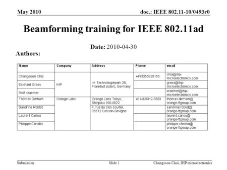 Doc.: IEEE 802.11-10/0493r0 Submission May 2010 Changsoon Choi, IHP microelectronicsSlide 1 Beamforming training for IEEE 802.11ad Date: 2010-04-30 Authors: