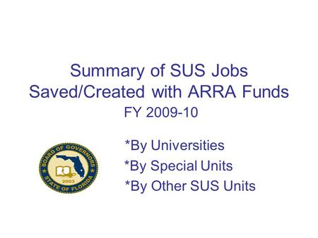 Summary of SUS Jobs Saved/Created with ARRA Funds FY 2009-10 *By Universities *By Special Units *By Other SUS Units.