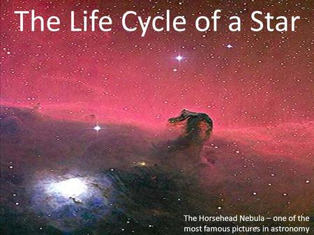 The Life Cycle of a Star The Horsehead Nebula – one of the most famous pictures in astronomy.