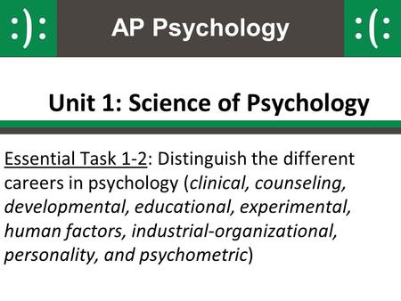 AP Psychology Unit 1: Science of Psychology Essential Task 1-2: Distinguish the different careers in psychology (clinical, counseling, developmental, educational,