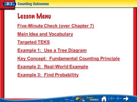 Lesson 1 Menu Five-Minute Check (over Chapter 7) Main Idea and Vocabulary Targeted TEKS Example 1: Use a Tree Diagram Key Concept: Fundamental Counting.