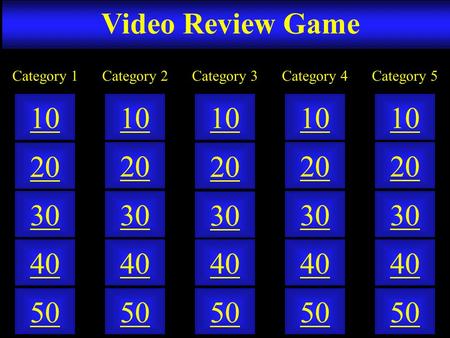 Video Review Game 50 40 10 20 30 50 40 10 20 30 50 40 10 20 30 50 40 10 20 30 50 40 10 20 30 Category 2Category 1Category 3Category 4Category 5.