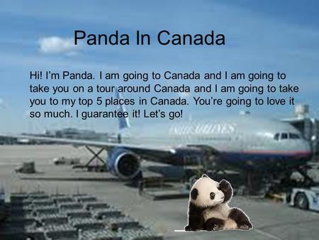 Panda In Canada Hi! I’m Panda. I am going to Canada and I am going to take you on a tour around Canada and I am going to take you to my top 5 places in.