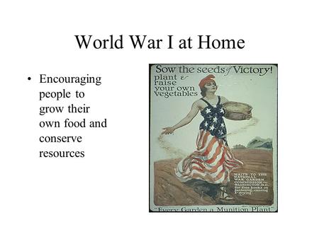 World War I at Home Encouraging people to grow their own food and conserve resources.
