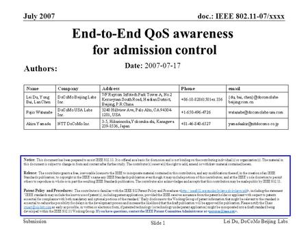 Doc.: IEEE 802.11-07/xxxx Submission July 2007 Lei Du, DoCoMo Beijing Labs Slide 1 End-to-End QoS awareness for admission control Date: 2007-07-17 Authors: