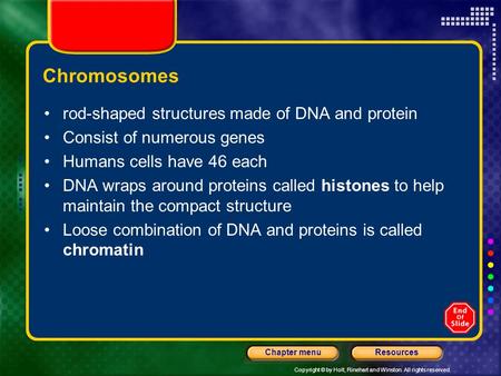 Copyright © by Holt, Rinehart and Winston. All rights reserved. ResourcesChapter menu Chromosomes rod-shaped structures made of DNA and protein Consist.