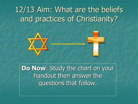 12/13 Aim: What are the beliefs and practices of Christianity? Do Now: Study the chart on your handout then answer the questions that follow.