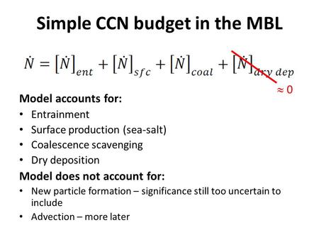 Simple CCN budget in the MBL Model accounts for: Entrainment Surface production (sea-salt) Coalescence scavenging Dry deposition Model does not account.