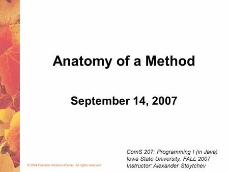 © 2004 Pearson Addison-Wesley. All rights reserved September 14, 2007 Anatomy of a Method ComS 207: Programming I (in Java) Iowa State University, FALL.