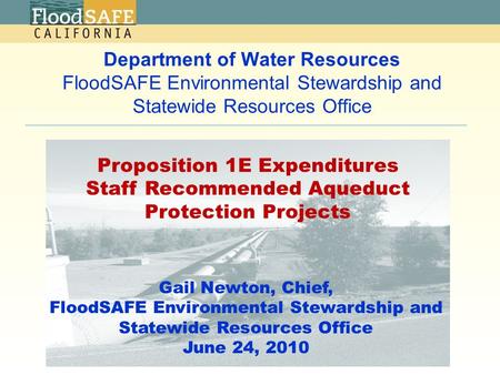Department of Water Resources FloodSAFE Environmental Stewardship and Statewide Resources Office Gail Newton, Chief, FloodSAFE Environmental Stewardship.