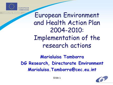 Slide 1 European Environment and Health Action Plan 2004-2010: Implementation of the research actions Marialuisa Tamborra DG Research, Directorate Environment.