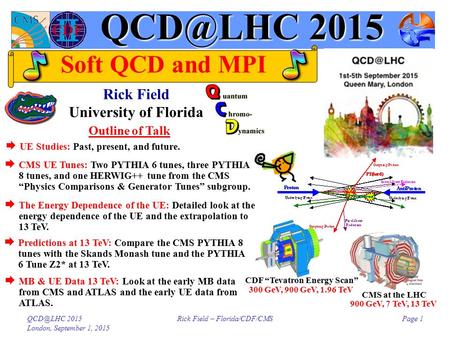 2015 London, September 1, 2015 Rick Field – Florida/CDF/CMSPage 1 Outline of Talk CMS at the LHC CDF “Tevatron Energy Scan” 300 GeV, 900 GeV, 1.96.